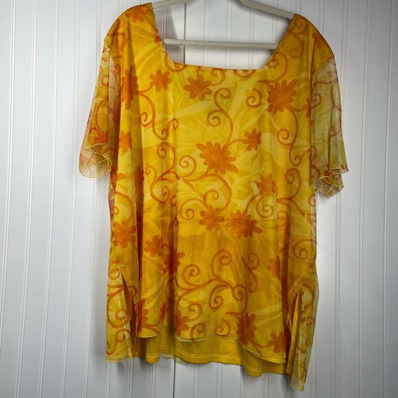 Ashley Stewart Women's Yellow Short Sleeve Square Neck Floral Blouse Size 26-28 - Picture 1 of 9